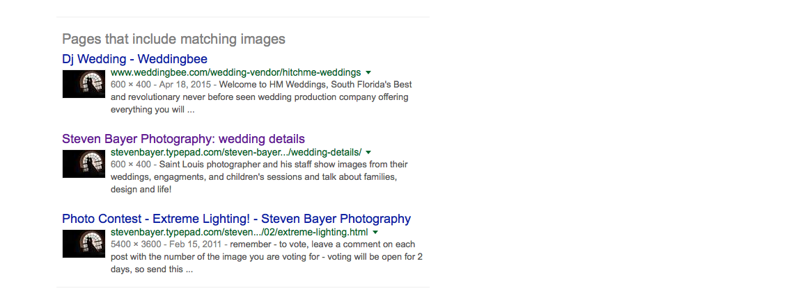 screen shot from google images showing how Hitchmeweddings.com is a fraud and stealing images from steven bayer photography