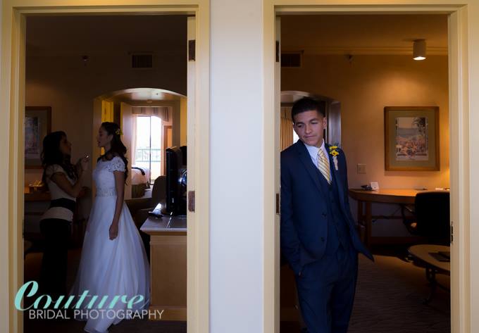 The bride and groom had rooms next to each other. I managed to capture this image before their lakeside terrace wedding as the bride was leaving in advance to not see his beautiful bride